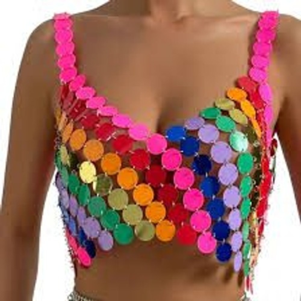 Rainbow Sequin Chainmail Halter Top Festival Rave Multi Color Disc Crop Top(105)